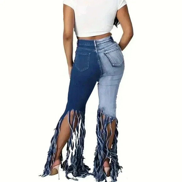 Wide Leg Two-Tone Flare Tassel Jeans (Two Tone Denim Blue) - Picture 2 of 4